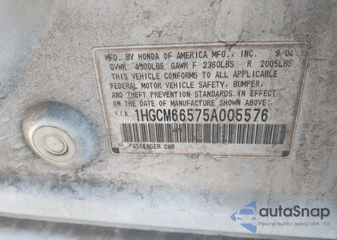 2005 Honda Accord 3.0 Ex из США, поврежденный, VIN 1HGCM66575A005576